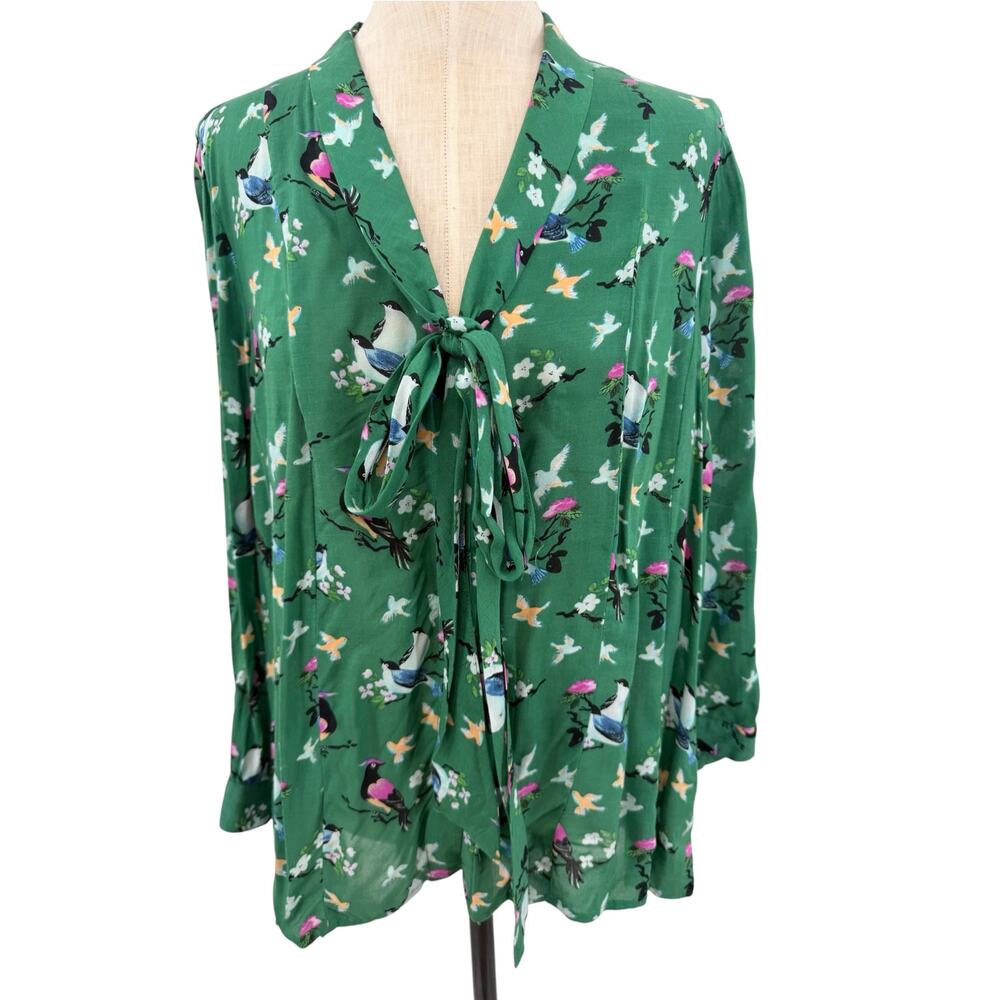 Anthropologie 20 of 52 Conversations Bird Print Tie Neck Blouse Green Size 12 - Picture 4 of 11